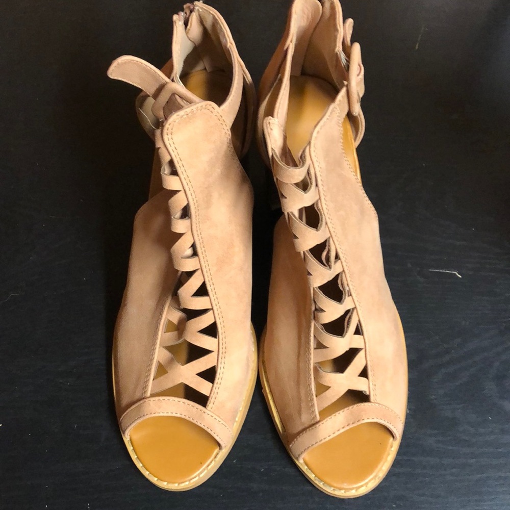 Open toes, ankle strap shoes, back zipper in suede